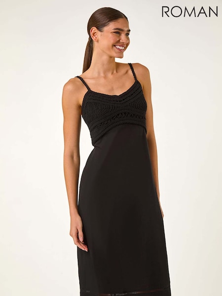 Roman Black 100% Cotton Lace Panel Strappy Midi Dress (H18662) | £45