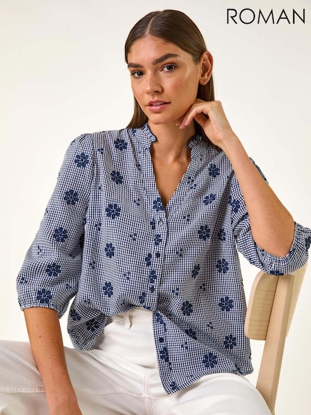 Roman Blue Floral Embroidered V-Neck Blouse (H18665) | £36