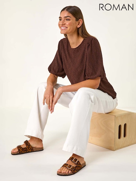 Roman Brown Broderie Puff Sleeve Top (H18669) | £32