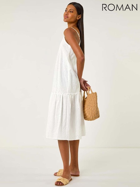 Roman White Broderie Frill Tiered 100% Cotton Midi Dress (H18671) | £48