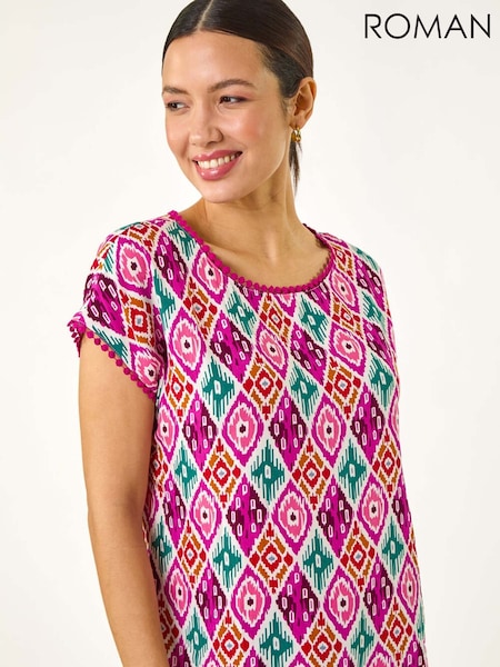 Roman Pink Ikat Print Bobble Trim T-Shirt (H18675) | £32