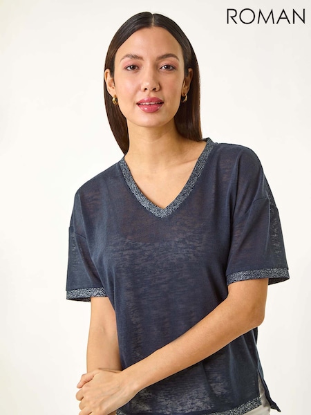 Roman Blue Metallic Trim V-Neck T-Shirt (H18689) | £32