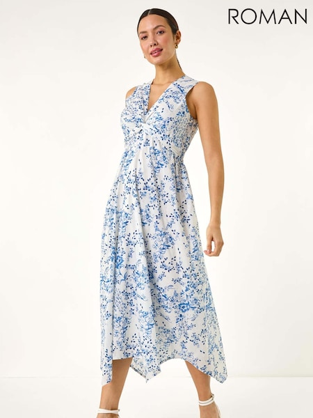 Roman Blue Floral Print Twist 100% Cotton Midi Dress (H18690) | £50