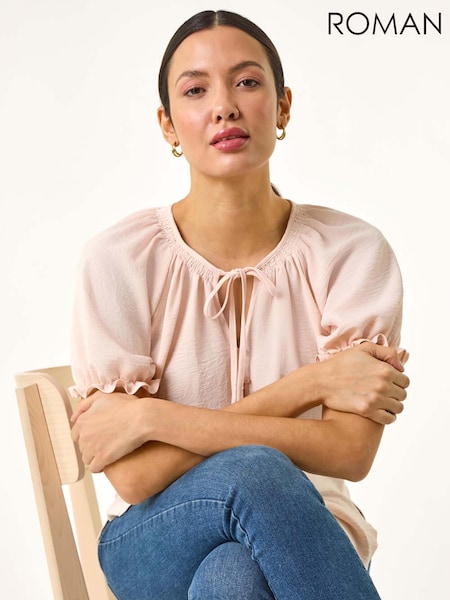 Roman Pink Shirred Tie Front Neck Blouse (H18691) | £32