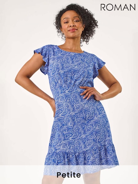 Roman Blue Petite Paisley Print Frill Tea Dress (H18699) | £42