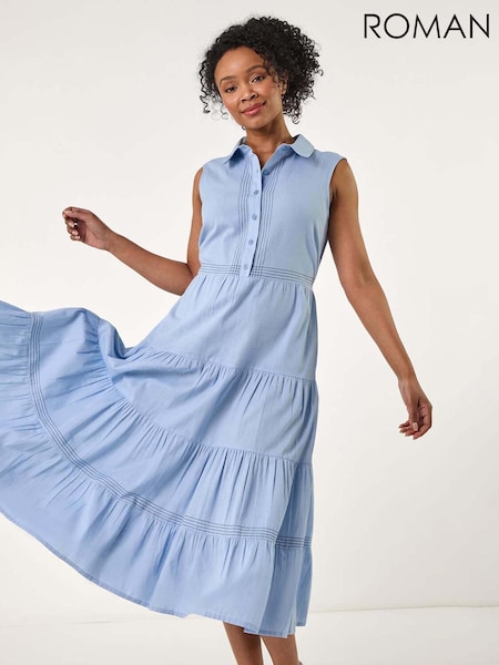 Roman Blue 100% Cotton Pocket Tiered Midi Dress (H18700) | £50