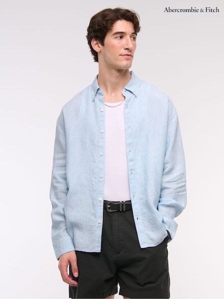 Abercrombie & Fitch Blue Long Sleeve 100% Linen Shirt (H18740) | £65