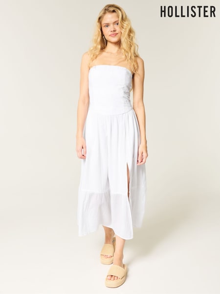 Hollister Strapless Drop Waist Textured Maxi White Dress (H18830) | £50