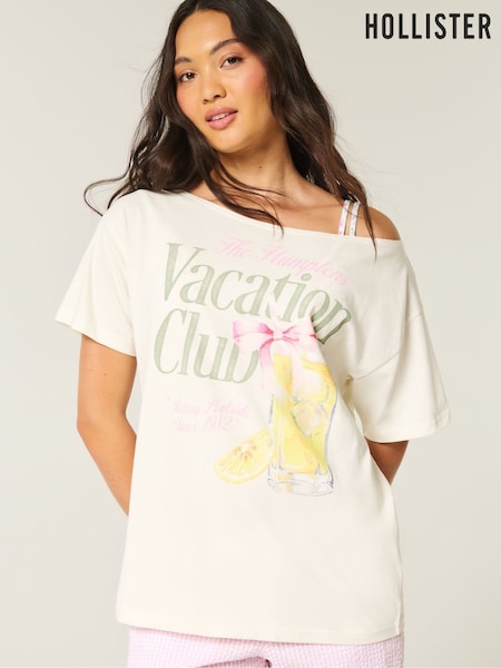 Hollister Off Shoulder Fruit Graphic Print 100% Cotton White T-Shirt (H18835) | £26