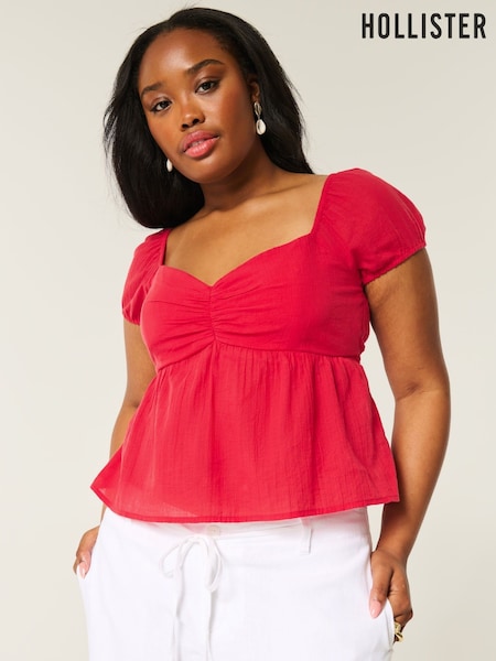 Hollister Red Open Back Babydoll Puff Sleeve Peplum Top (H18839) | £30