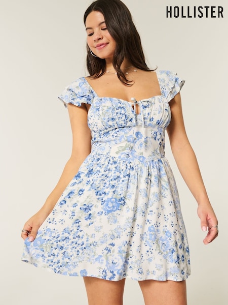 Hollister Flutter Sleeve Dipped Hem Mini Skort Blue Dress (H18840) | £40