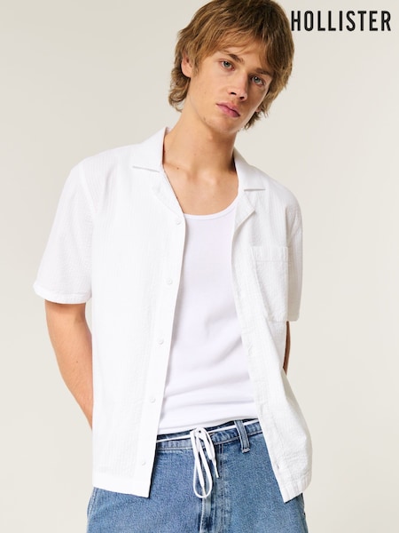 Hollister Textured Button Down Seersucker Short Sleeve White Shirt (H18965) | £30