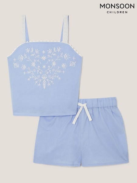 Monsoon Blue Embroidered Top and Shorts Pyjamas Set (H19125) | £24 - £28