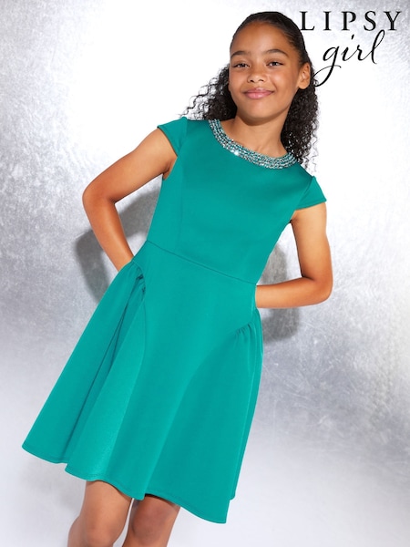 Lipsy Teal Blue Diamante Trim Scuba Skater Party Dress (5-16yrs) (H19127) | £43 - £51