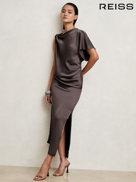 Reiss Mauve Kenzie Satin Asymmetric Draped Midi Dress (H19167) | £158