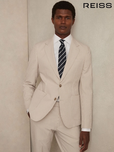 Reiss Oatmeal/White Bay Seersucker Single-Breasted Suit Blazer Slim-Fit (H19190) | £298