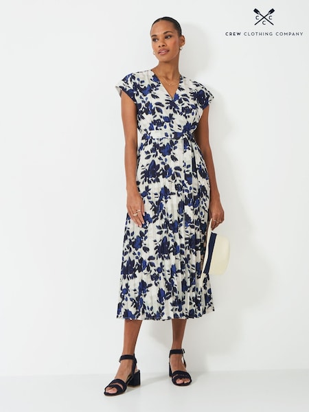 Crew Clothing Blue Wrap Front Print Pleated Dress (H19278) | £129