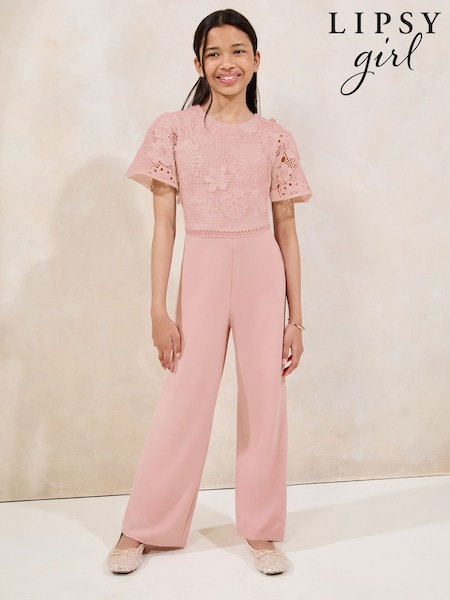 Lipsy Pink 2-In-1 Flutter Sleeve Lace Occasion Jumpsuit (5-16yrs) (H19413) | £52 - £60