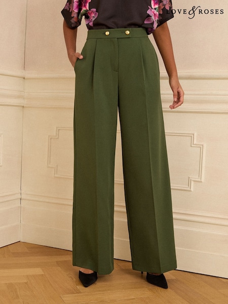 Love & Roses Green Wide Button Leg Trousers (H19442) | £42