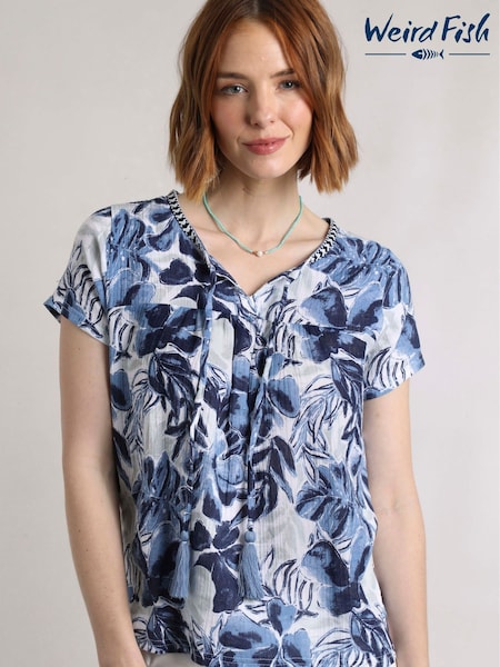 Weird Fish Blue Sofia Printed Cheesecloth 100% Cotton Blouse (H19535) | £35