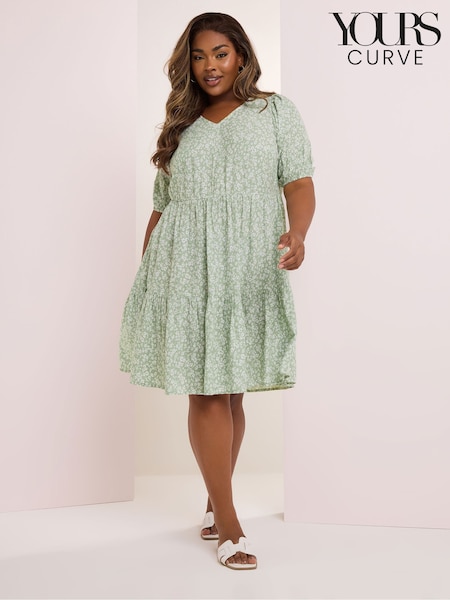 Yours Curve Green Tiered Short Sleeve Midi Dress (H19560) | £31