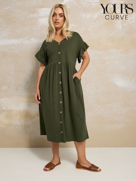 Yours Curve Green Frill Sleeve Button Peplum Dress (H19571) | £32