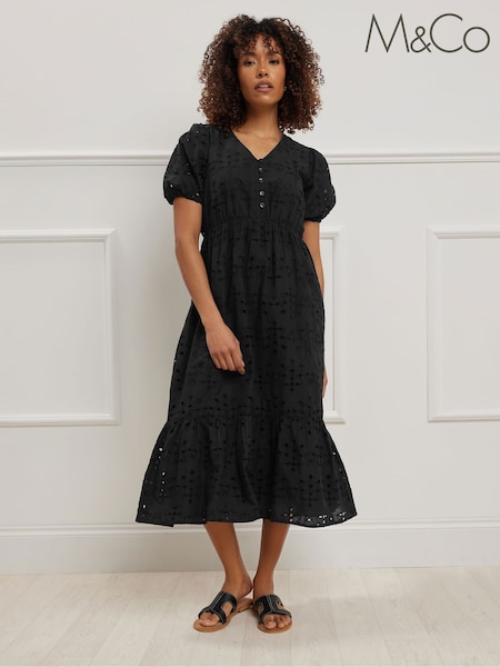 M&Co Black Embroidery Button 100% Cotton Dress (H19573) | £54