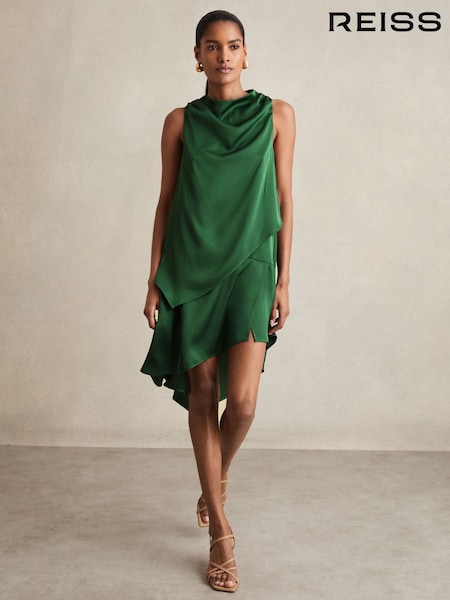 Reiss Green Eloise Satin Drape-Neck Layered Dress (H19621) | £148