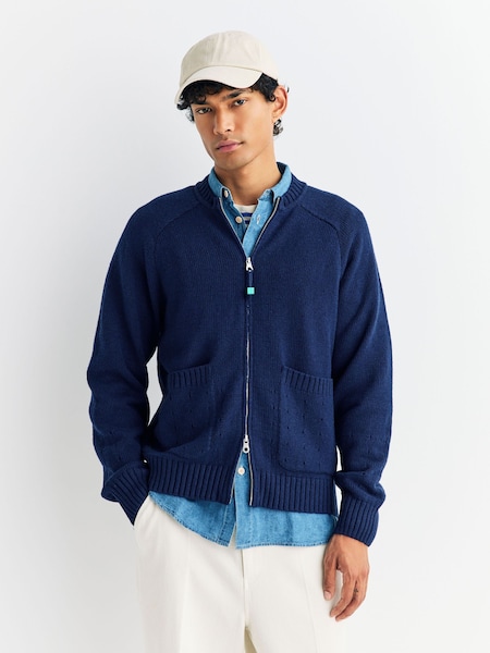 Folk Blue Pointelle Knit Zip Bomber Cardigan (H19830) | £250