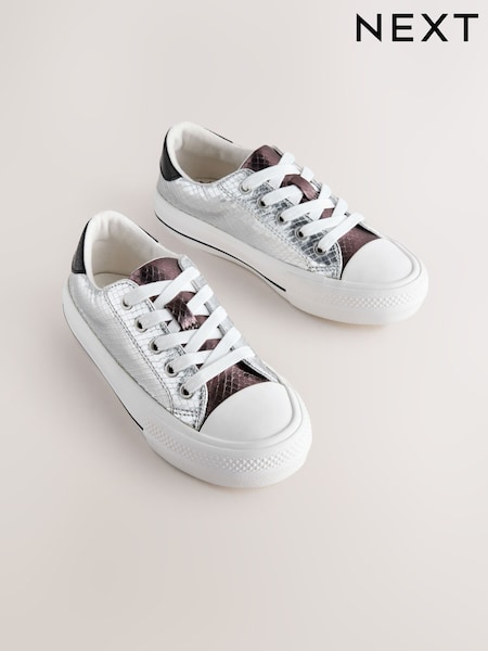Silver Snake Print Lace-Up Low Top Trainers (H20079) | £22 - £29