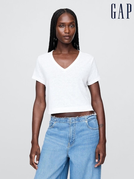 Gap White Linen-Blend Cropped V Neck T-Shirt (H20080) | £25