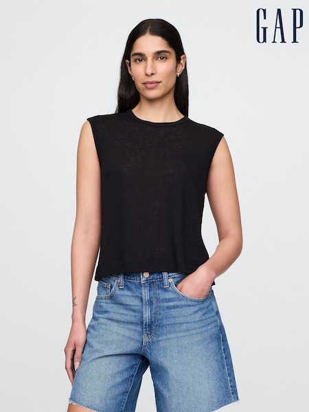 Gap Black Linen-Blend Crew Neck Shell T-Shirt (H20086) | £20