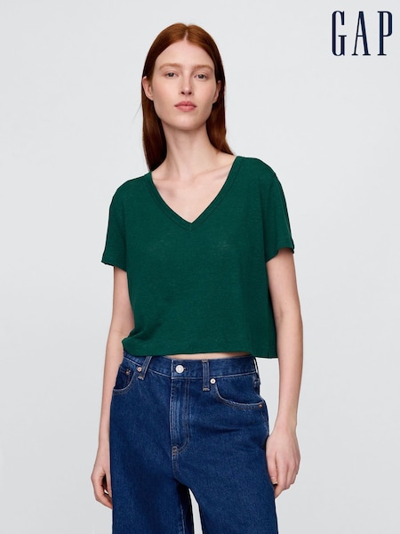 Gap Dark Green Linen-Blend Cropped V Neck T-Shirt (H20092) | £25