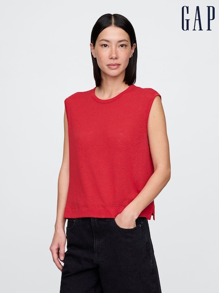 Gap Red Linen-Blend Crew Neck Shell T-Shirt (H20094) | £20