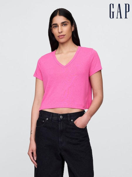 Gap Pink Linen-Blend Cropped V Neck T-Shirt (H20097) | £25