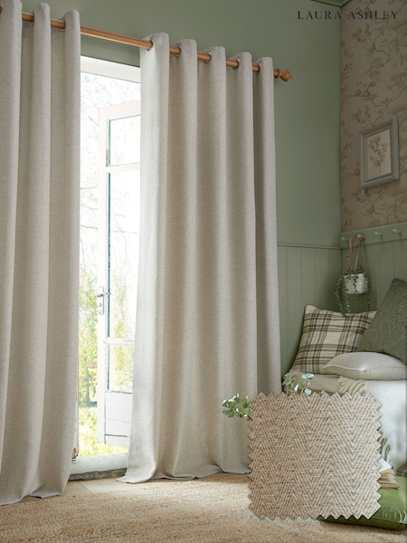 Laura Ashley Truffle Natural Milbourne Herringbone Eyelet Curtains (H20104) | £80 - £190