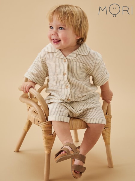 MORI Cream Stripe 100% Cotton Muslin Shorts (H20139) | £22 - £24