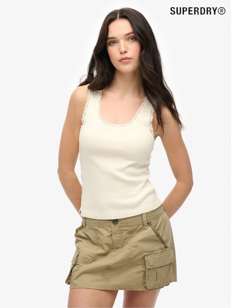 Superdry White Vintage Lace Trim 100% Cotton Vest (H20407) | £18