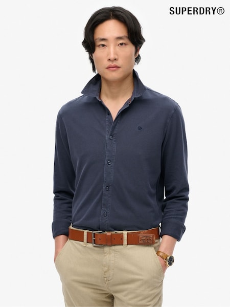 Superdry Blue Dark Vintage Destroy Pique Long Sleeve 100% Cotton Shirt (H20416) | £40