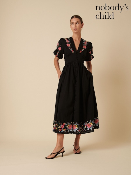 Nobodys Child Black Starlight Embroidered Midi Dress (H20434) | £150