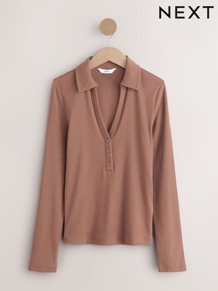 Mocha Brown Henley Long Sleeve Button Down Top (H20474) | £20
