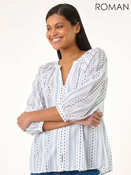 Roman Blue Dobby Stripe Print V-Neck 100% Cotton Blouse (H20501) | £42