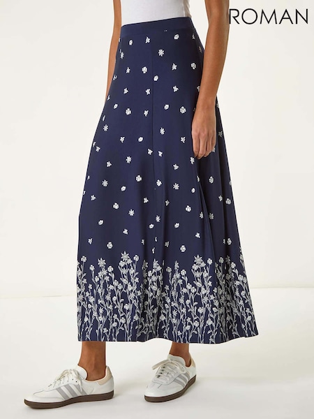 Roman Blue Floral Border Print Stretch Skirt (H20502) | £36