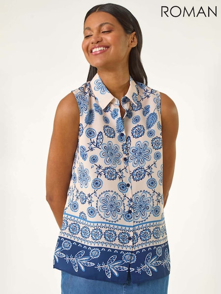 Roman Blue Border Print Collared Blouse (H20515) | £32