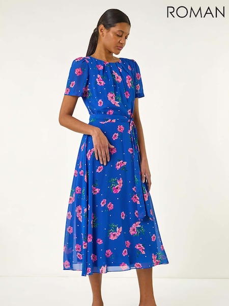 Roman Blue Floral Pleated Chiffon Dress (H20521) | £55