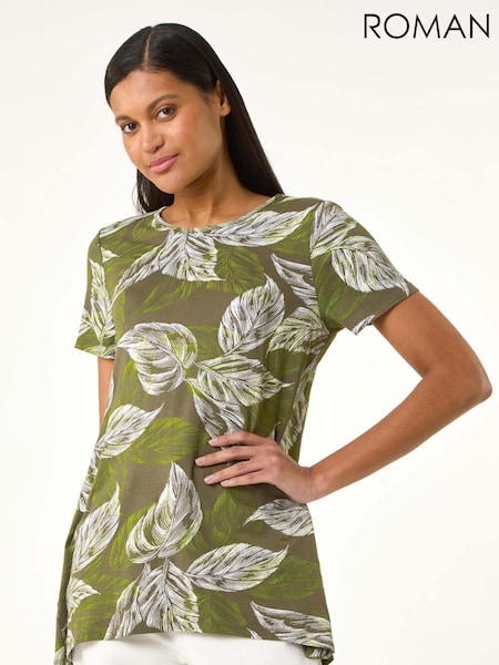 Roman Green Leaf Print Stretch Top (H20538) | £32
