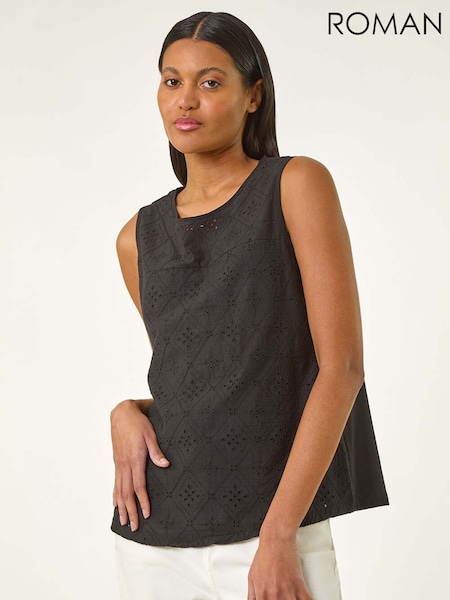 Roman Black Cotton Broderie Vest 100% Cotton Top (H20542) | £32