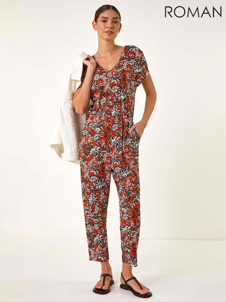 Roman Orange Floral Print V-Neck Stretch Jumpsuit (H20554) | £45