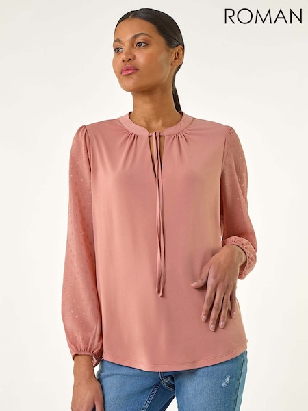 Roman Pink Tie Neck Shimmer Dobby Sleeve Blouse (H20559) | £45