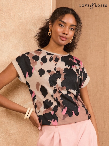 Love & Roses Light Brown Cow Print Crew Neck Jersey T-Shirt (H20604) | £26